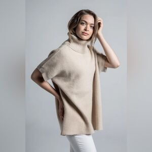 Griffen Cashmere Side Zip Cowl Neck Short Sleeve Sweater Top in Beige M